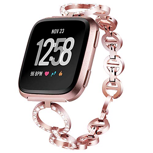 Product Cover Aiiko Band Compatible with Fitbit Versa/Versa 2/Versa Lite,Fashion Stainless Steel Metal Smart Watch Band Link Bracelet with Crystal Rhinestone Diamond Bling Replacement for Fitbit Versa,Rose Pink