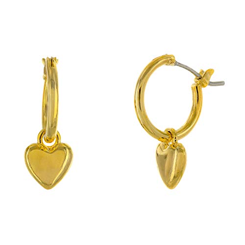 Product Cover Columbus 14K Gold Plated Heart Charm Huggie Hoop Earrings - Dangle Heart Drop Earrings - Small Sleeper Hoops (Gold Hearts)