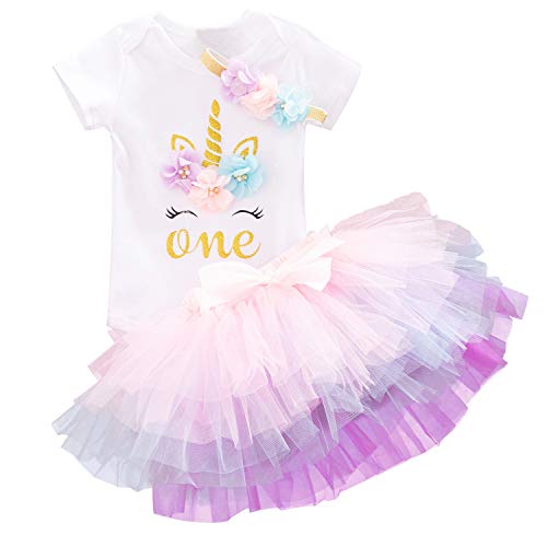 Product Cover NNJXD Baby Girls 1st Birthday Unicorn Outfits Set Rainbow Tutu Skirt+ Unicorn T-Shirt+ Flower Headband(1 Years, 12 (Pink) 1 Year)