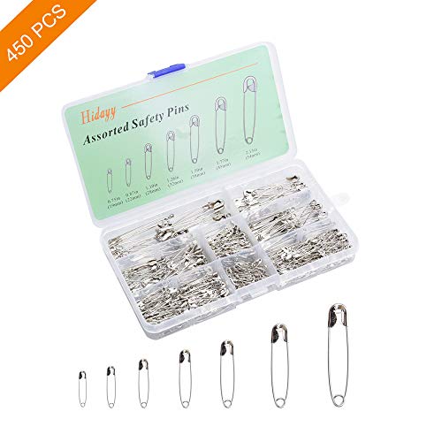 Product Cover 450PCS Safety Pins for Sewing Craft Cloth, Premium Large Safety Pins Set Durable Assorted 7 Sizes 19mm - 54mm for Home Office Use DIY Art Jewelry Marking with Storage Box by Hidayy