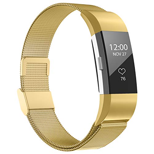 Product Cover iGK Replacement Bands Compatible for Fitbit Charge 2, Stainless Steel Metal Bracelet with Unique Magnet Clasp Gold Large