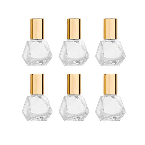 Product Cover 5ml(1/6oz) Shaped Glass Roller Bottle For Essential Oils,Mini Glass Bottles With Stainless Steel Roller Balls,Gold Aluminum Caps Portable Roll-On Vial Aromatherapy Perfume Container-Pack of 6