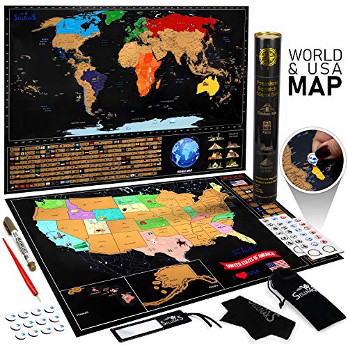 Product Cover Sellnaks Scratch Off Map USA World - Unique Designs Scratch Map World and USA with Capitals and Specific Signs - 2 Large Maps for Office, Bedrooms, Gifts - Bonus: 1 Guide of The World; 1 Guide of USA