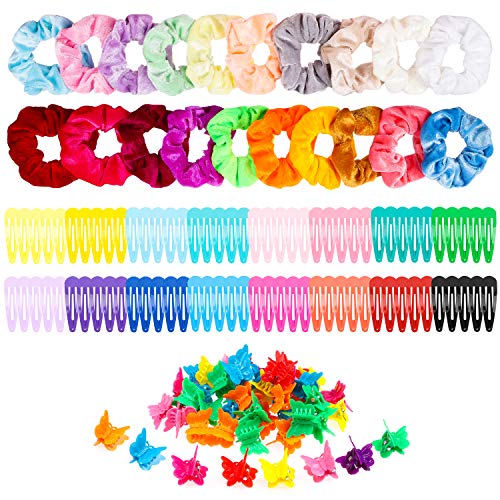 Product Cover 150 Pcs Velvet Hair Scrunchies Hair Snap Clips Set 20Pcs Velvet Hair Scrunchies 80Pcs Candy Color Snap Clips 50Pcs Mini Butterfly Claw Clips Hair Barrettes Hair Accessories for Women Lady