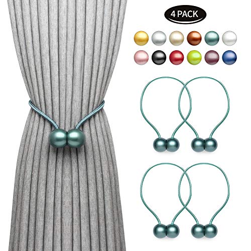 Product Cover Qishare 4 Packs Magnetic Curtain Tiebacks with Unique Wooden Balls, Strong Magnetic Classic European Window Curtain Tie Backs Holders for Home Office Kitchen Sheer Blackout Panels (LightBlue)