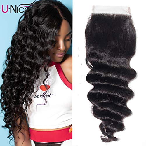 Product Cover UNice Hair 10A Brazilian Loose Deep Wave 4X4 Lace Closure Free Part, 100% Unprocessed Human Virgin Hair Loose Deep Curly Closure Natural Color (12 inch)