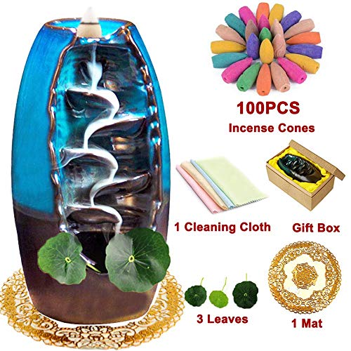 Product Cover XinXu Incense Burner, Backflow Waterfall Incense Burner, Home Decor Aromatherapy Ornament with 100 Pcs Incense Cones,Cushion, Artificial Lotus Leaf