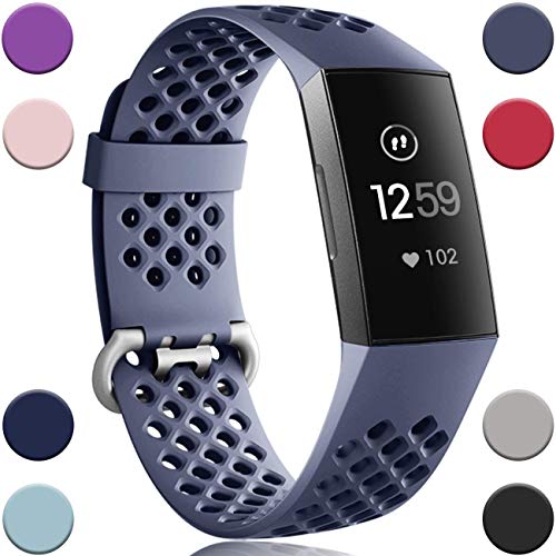 Product Cover Wepro Waterproof Bands Compatible Fitbit Charge 3 Blue Gray, Breathable Holes Watch Sport Strap Accessories for Fitbit Charge 3 SE Fitness Tracker for Women Men Small,