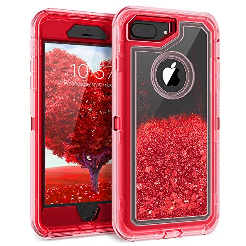 Product Cover Dexnor Compatible iPhone 8 Plus Case, iPhone 7 Plus Case, iPhone 6 Plus Case, Glitter 3D Bling Liquid Clear Case 3 in 1 Shockproof TPU Silicone + PC Protective Defender Cover for Women/Girls - Red