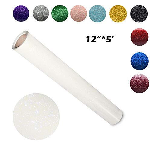 Product Cover HTV Vinyl,White Heat Transfer Vinyl of Glitter for DIY Clothing,Shirts,Bags,Hats,Socks,12 Inches by 5 Feet Rolls (White,12''×5')
