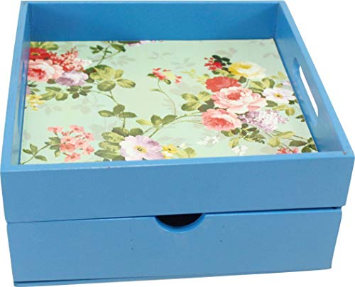 Product Cover Wooden Tray with Drawer |Kitchen Use or Home Décor |8.25 x 4 x 8.25 Inches| Vintage Flower Print | Red Color (Blue)
