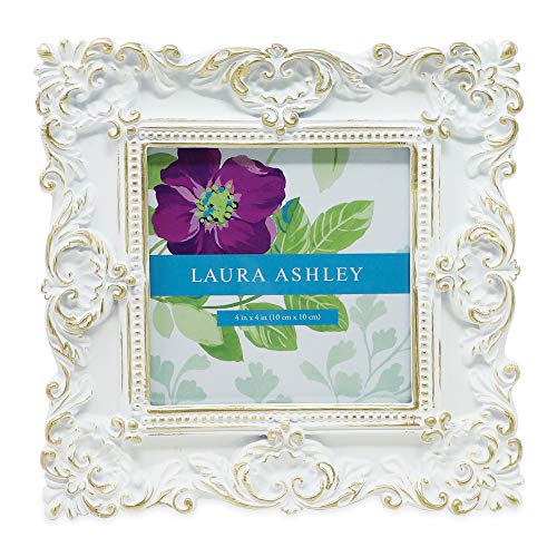 Product Cover Laura Ashley 4x4 White & Gold Ornate Textured Hand-Crafted Resin Picture Frame w/Easel & Hook for Tabletop & Wall Display, Decorative Floral Design Home Décor, Photo Gallery, Art (4x4, White/Gold)