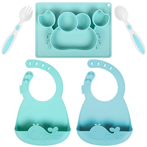 Product Cover Syntus Baby Feeding Set, Waterproof Silicone Bib Easily Wipes Clean, Adjustable Soft Toddler Bibs Keep Stains Off, Silicone Suction Plate & Soft Spoons, Safe for Children