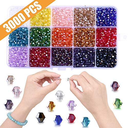 Product Cover Bicone Beads for Jewelry Making, 3000pcs 4mm Faceted Crystal Glass Beads- Perfect for Handmade Crafts, DIY Bracelet, Necklaces, Dolls(15 Color- AB Colorful)
