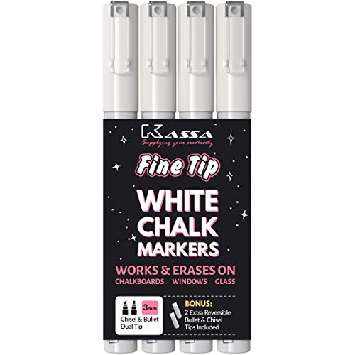 Product Cover Kassa White Chalk Markers Fine Tip (4 Pack 3mm) - Chalkboard Markers Erasable - Wet Erase Markers for Glass Blackboard Windows - Liquid Chalk Pens Include Dual Chisel & Bullet Tip