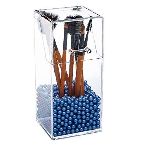 Product Cover Yoelrsa Acrylic cosmetic brush organizer with cover, Makeup Brush Collection box with free pearls, dustproof/Waterproof cosmetic holder (Quadrilateral, Blue)