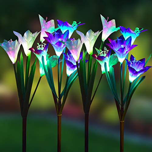 Product Cover WOHOME Outdoor Solar Garden Stake Lights,4 Pack Solar Powered Lights with 16 Lily Flower, Multi-Color Changing LED Solar Landscape Lighting Light for Garden, Patio