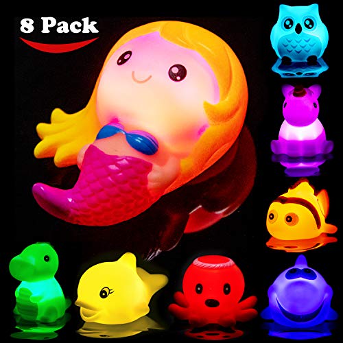 Product Cover Bath Toys for Toddlers Baby 8 Pack Light Up Toys - Bathtub Toy Flashing Colourful LED Light Shower Bathtime for Kids Infants Shark, Clown Fish, Owl, Unicorn, Octopus, Dolphin, Dinosaur Mermaid Toys