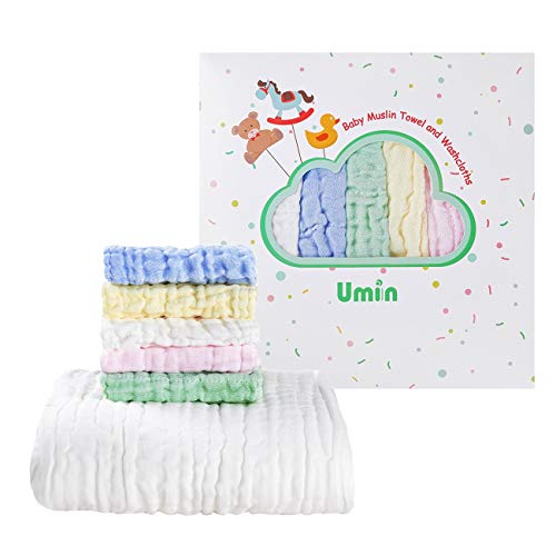 Product Cover Umiin Baby Towel and Washcloths Set - Premium Baby Shower Gift for Boys and Girls - Baby Registry Must Haves - 1 Muslin Baby Bath Towel and 5 Baby Muslin Washcloths