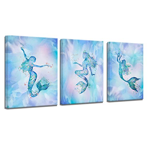 Product Cover Mermaid Bathroom Decor Wall Art for Bedroom Modern Artwork for Walls Colorful Mermaid Decor for Girl Room Canvas Art Wall Decor Framed Wall Decorations Watercolor Mermaid Wall Pictures for Bedroom