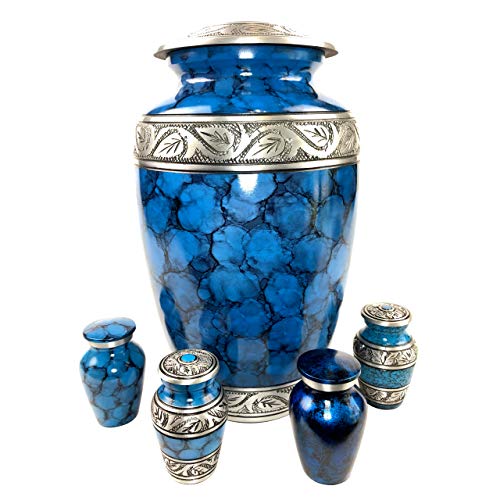 Product Cover Cremation Urns for Human Ashes - Elegant Large Adult Urn + 4 Keepsake Mini Urns for Human Ashes Set | Beautiful Blue & Silver Engraved Funeral Metal Memorial Gifts Urn Vase in Satin Lined Keepsake Box