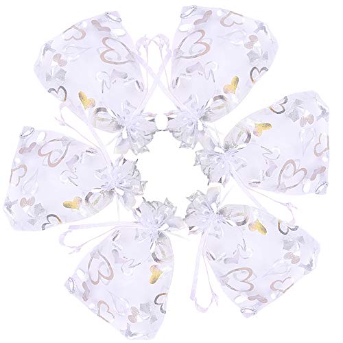 Product Cover Outdoorfly 50PCS Organza Bags 4X6 White Drawstring Jewelry Pouches Mesh Bags for Wedding Party Favor Baby Shower Bags,Candy Chocolate Sample Bags(White Heart)