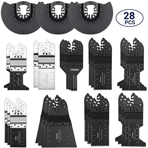 Product Cover Oscillating Saw Blades, Ohuhu 28PCS Multitool Quick Release Saw Blades Kit, Metal Wood Plastic Oscillating Tool Blades, for Sanding, Grinding and Cutting, Fit Dewalt Fein Multimaster Bosch and More