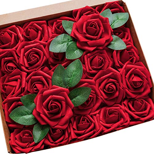 Product Cover MoonLa Artificial Flowers Red Roses 50pcs Real Looking Fake Flowers Foam Roses w/Stem DIY Wedding Bouquets Centerpieces Baby Shower Party Home Decorations