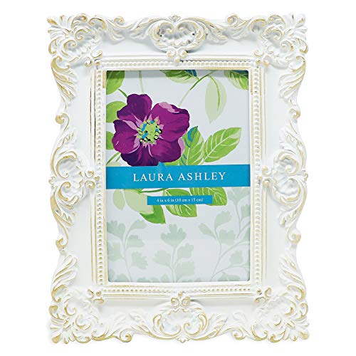Product Cover Laura Ashley 4x6 White & Gold Ornate Textured Hand-Crafted Resin Picture Frame w/Easel & Hook for Tabletop & Wall Display, Decorative Floral Design Home Décor, Photo Gallery, Art (4x6, White/Gold)