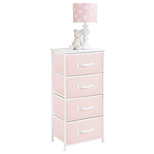 Product Cover mDesign 4-Drawer Vertical Dresser Storage Tower - Sturdy Steel Frame, Wood Top and Easy Pull Fabric Bins, Multi-Bin Organizer Unit for Child/Kids Bedroom or Nursery - Light Pink/White