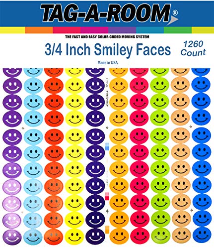 Product Cover Tag-A-Room Happy Face Smiley Face Round 3/4 Inch Circle Dot Stickers, 10 Bright Colors, 8 1/2