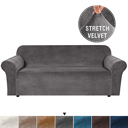 Product Cover Luxurious Real Velvet High Stretch Sofa Cover/Slipcover Soft Spandex Form Fit Slip Resistant Stylish Furniture Cover Couch Covers Slip Covers Machine Wash, Sofa 3 Seater, Large Size, Grey