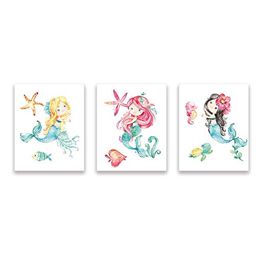 Product Cover Mermaid Cartoon Art Print Fish Wall Picture Turtle Poster Seaweed Painting for Girls Bedroom Decor Set of 3 Unframed 8x10 Inch