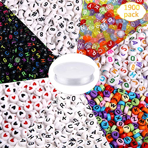 Product Cover 1900pcs 7 Colors Round Letter Beads Acrylic Alphabet Number Beads with 1 Roll Elastic Crystal String Cord for Jewelry Making DIY Necklace Bracelet (7x4mm)