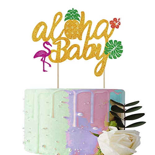 Product Cover BUSOHA Aloha Baby Cake Topper - Glitter Pineapple Flamingo Baby Cake Picks for Hawaiian Tropical Beach Pool Laua Themed Baby Showers Boys Girls Birthday Party Cake Decoration Supplies