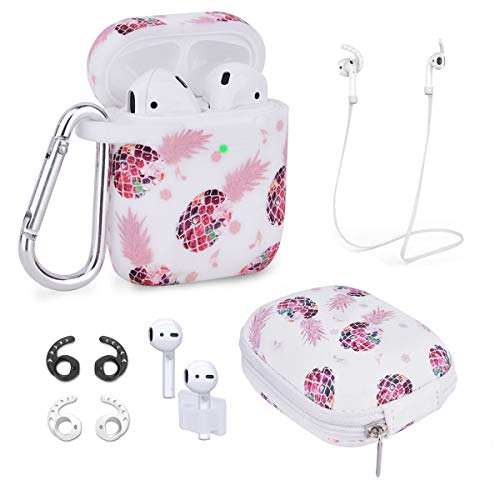 Product Cover Airpods Case - Airspo 7 in 1 Airpods Accessories Set Compatible with Airpods 1 & 2 Protective Silicone Cover Floral Print Cute Case (Pink Pineapple 7 in 1)