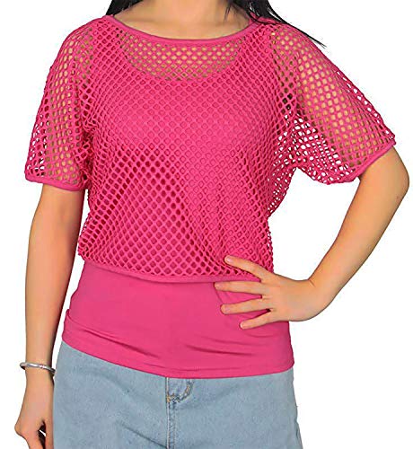 Product Cover Smile Fish Women Casual Sexy 80s Costumes Fishnet Neon Off Shoulder T-Shirt (Hot Pink US 10/Tag Size L)