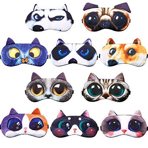 Product Cover 10 Pieces Cute Animal Sleep Mask Eye Mask for Sleeping Cat Dog Mask Soft Blindfold Eye Cover with Adjustable Strap for Men Women