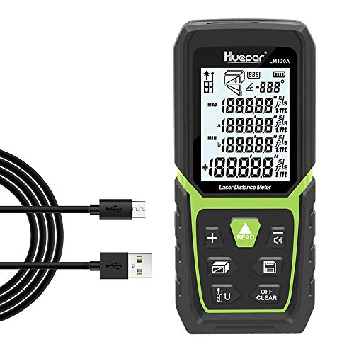 Product Cover Huepar Laser Distance Meter 393Ft with Li-ion Battery & Electric Angle Sensor, Backlit LCD Laser Measure M/In/Ft with High Accuracy Multi-Measurement Modes, Pythagorean, Distance, Area&Volume-LM120A