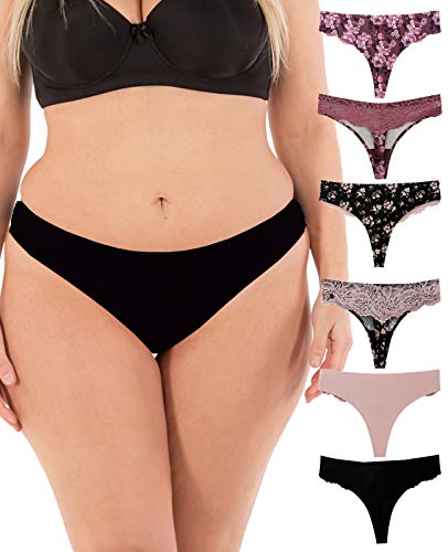 Product Cover Thongs for Women Sexy Lace Back Floral Panties Invisible No-Show Seamless Underwear 6 Pack Small to Plus Size