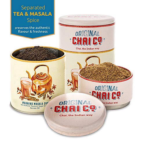 Product Cover Morning Masala Chai Indian Tea-30 Servings -Organic Chai Tea Recipe - Unsweetened Chai Spice Blend 30gm & 100gm Assam Black Indian Tea Leaves in 1 Storage Tin-All Natural Ingredients
