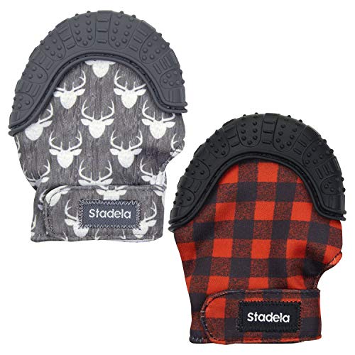 Product Cover Stadela Baby Soothing Teething Mittens, Food Grade Silicone Teether Toy with Travel Bag for Boy Baby Shower Gift, Set of 2, Woodland Forest Deer Buffalo Plaid (Lumberjack)