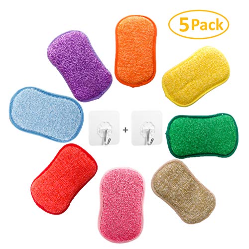 Product Cover Microfiber Dual Action Kitchen Scrub Sponge, YOUYOUTE 5 Pack Washing Up Cleaner Heavy Duty Scouring Pads Household Cleaning Wash Cloth Reusable Non-Stick Non-Scratch with 2pcs Adhesive Hooks