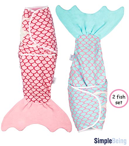 Product Cover Simple Being Fish Swaddle Blanket, Adjustable Wearable Infant Baby Wrap Set, Soft Cotton Newborn Receiving Sleep Sack, Unisex Boy and Girl, Registry Must Have (Pink and Blue Mermaid)