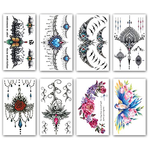 Product Cover Leoars Large Chest Temporary Tattoo Sticker, Mandala Back Waist Breast Underboob Fake Tattoo Sticker, Sexy Body Makeup Fake Tattoos for Women Lady, 8-Sheet