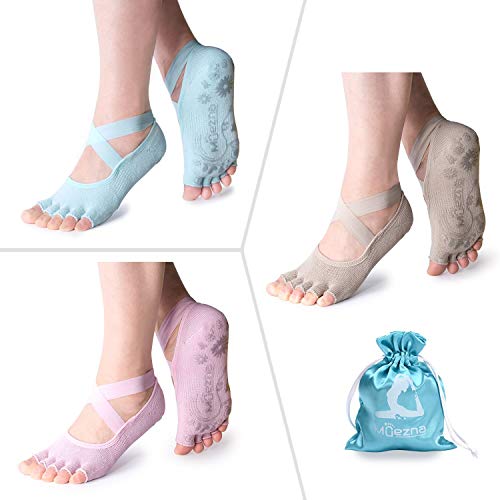 Product Cover Muezna Non Slip Yoga Socks for Women, Toeless Anti-Skid Pilates, Barre, Ballet, Bikram Workout Socks with Grips (3 pairs-Pink Light Camel Mint Blue, Medium/Large (Women 8.5-11.5))