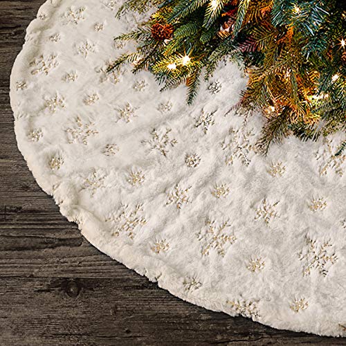 Product Cover Ivenf Christmas Tree Skirt, 48 inches Luxury Plush Faux Fur with Golden Sequin Snowflake, Rustic Xmas Holiday Decoration, Warm White