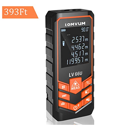 Product Cover LOMVUM Laser Measure 393Ft Mute Digital Laser Distance Meter with Backlit LCD and Pythagorean Mode, Measure Distance, Area and Volume - Carry Pouch and Battery Included