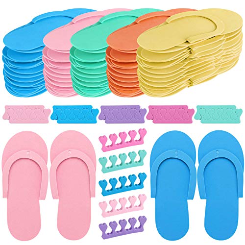 Product Cover Random Color 24 Pair Disposable Flip Flops, Foam Slippers for Foot Spa Pedicures in Kid Party with 24 Pair Toe Separators Bulk