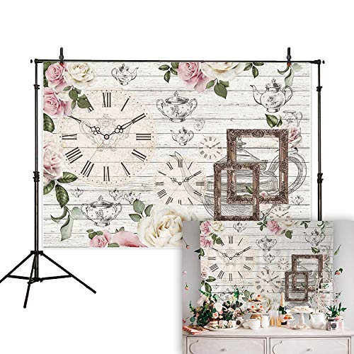Product Cover Allenjoy 7x5ft Afternoon Tea Rustic Floral Backdrop Flower Teapot Clock White Wooden Background Baby Shower Bridal Wedding Studio Photography Newborn Birthday Party Banner Photo Shoot Booth